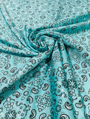 Bandana Spandex Print Fabrics - Light Aqua - Bandana Design Stretch Spandex Fabric By Yard