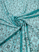 Bandana Spandex Print Fabrics - Light Aqua - Bandana Design Stretch Spandex Fabric By Yard
