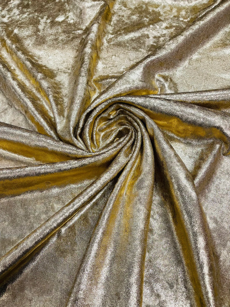 60'' Stretch Foil Velvet - Light Gold - 4 Way Stretch Shiny Velvet Foil Fabric Sold By The Yard