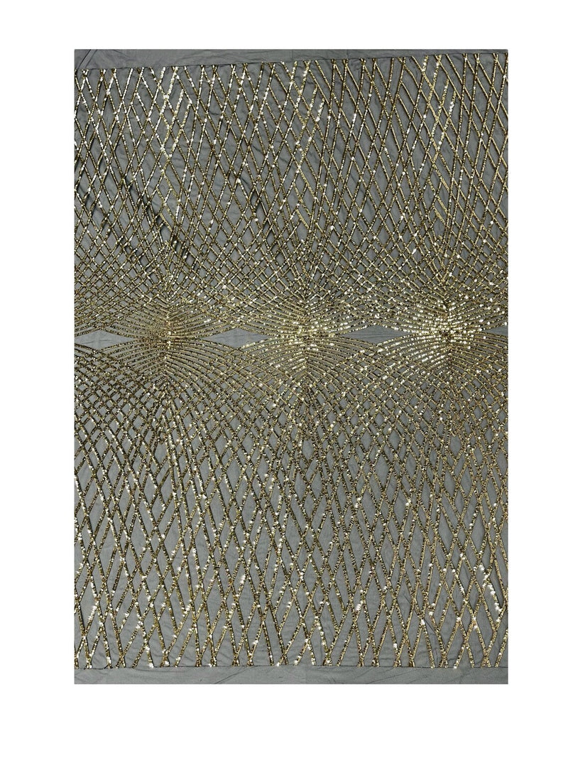 Diamond Geometric Sequins - Light Gold on Black - 2 Way Stretch Lace Geometric Fabric Sold By Yard
