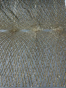 Diamond Geometric Sequins - Light Gold on Black - 2 Way Stretch Lace Geometric Fabric Sold By Yard