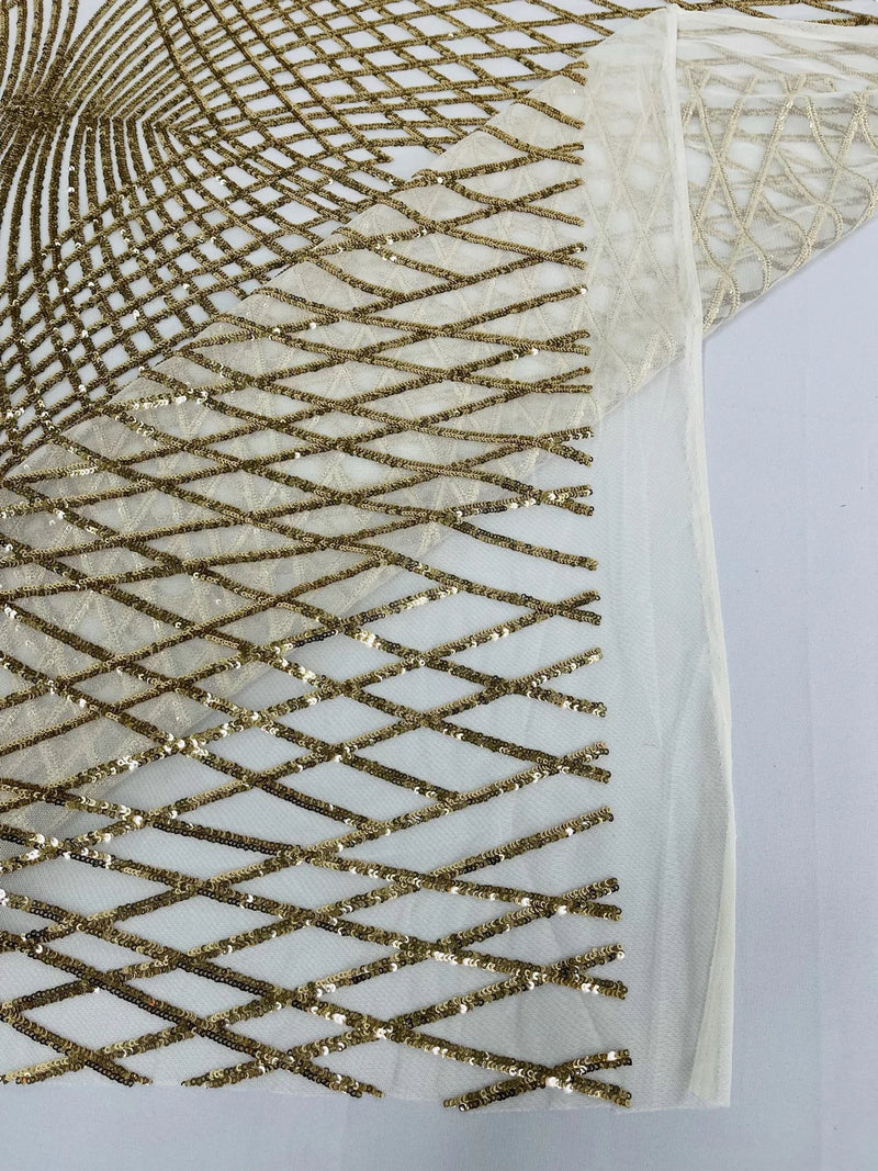 Diamond Geometric Sequins - Light Gold on Ivory - 2 Way Stretch Lace Geometric Fabric Sold By Yard