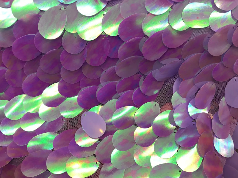 Jumbo Oval Sequins - Lilac/Aqua Iridescent - Large Oval Sequins Paillette on Mesh By Yard