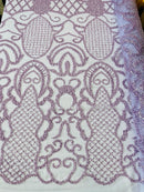 Fashion Design Bead Damask Fabric - Lilac  - Embroidered Elegant Design on Mesh Sold By The Yard