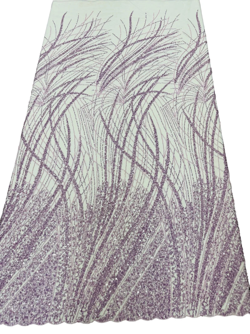 Wild Grass Beaded Fabric - Lilac - Embroidered Wavy Grass Pattern Fabric Sold By Yard