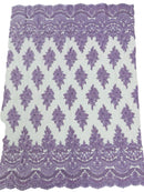 Flower Cluster Beaded Fabric - Lilac - Embroidered Beaded Layered Border Fabric Sold By Yard