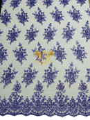 Beaded Flower Sequins Fabric - Lilac - Embroidery With Beads and Sequin on a Mesh Sold By Yard