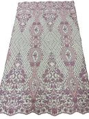Elegant Damask Beaded Fabric - Lilac - Embroidered Floral Damask Net Fabric Sold By Yard