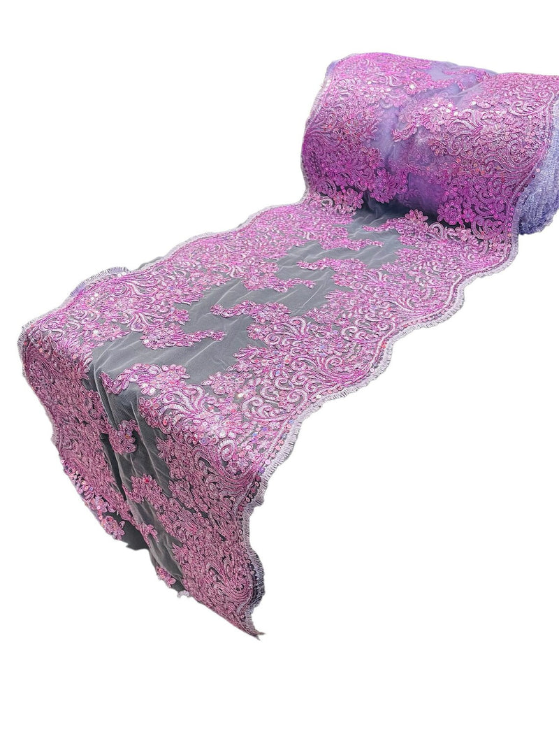 14" Metallic Floral Pattern Lace Table Runner -  Lilac - Floral Table Runner for Event Decoration