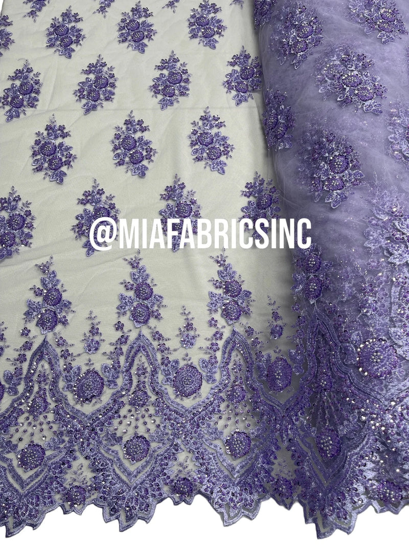 Floral Cluster Beaded Fabric - Lilac - Embroidered Fancy Fashion Design Beads and Sequins Sold by yard