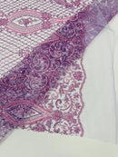 Elegant Damask Beaded Fabric - Lilac - Embroidered Floral Damask Net Fabric Sold By Yard