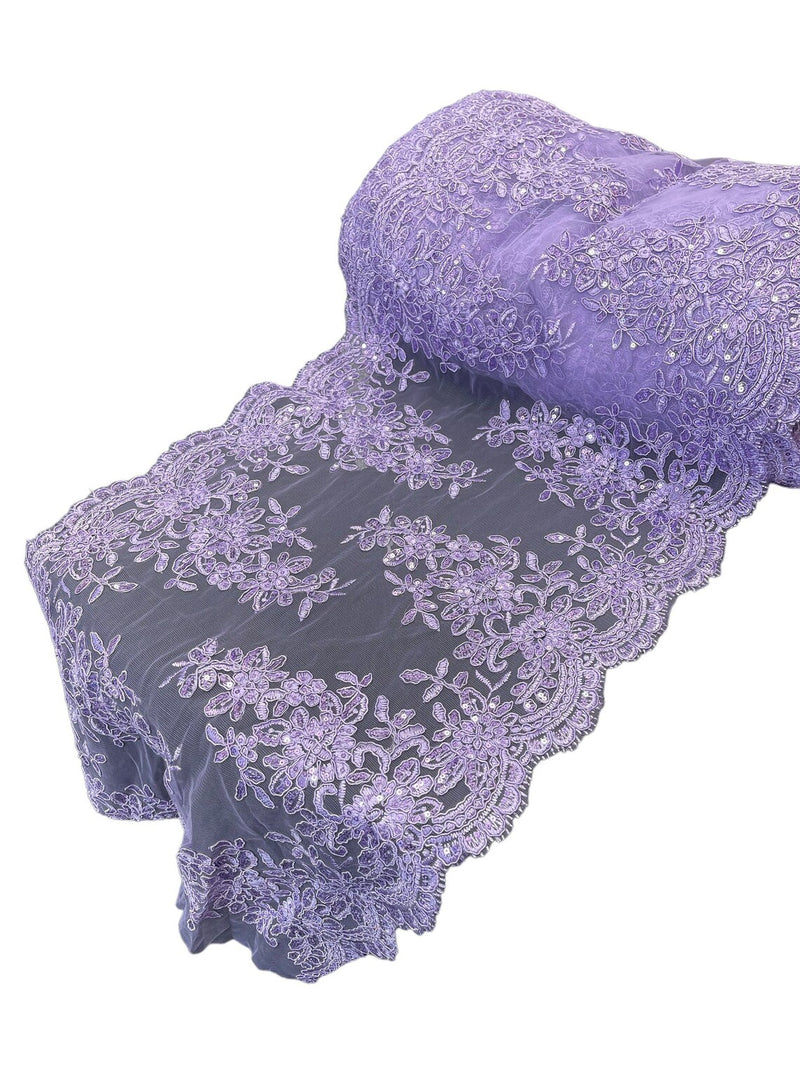 Floral Sequins Cluster Design - Lilac - 14" Embroidered Floral Design Table Runner Sold By Yard