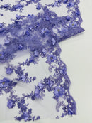 3D Flower Sequin Cluster Design - Lilac - Sequins Embroidered Floral Design on Tulle Sold By Yard
