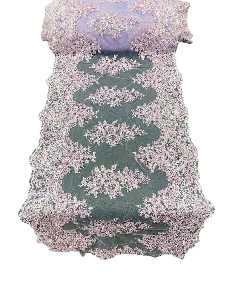 21" Wide Floral Metallic Pattern Lace Table Runner - Lilac - Metallic Table Runner Sold By Yard