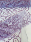 Fashion Design Bead Damask Fabric - Lilac  - Embroidered Elegant Design on Mesh Sold By The Yard