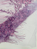Flower Lines Fashion Design Fabric - Lilac - Embroidered Floral Beads and Sequins Sold By Yard