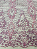 Elegant Damask Beaded Fabric - Lilac - Embroidered Floral Damask Net Fabric Sold By Yard