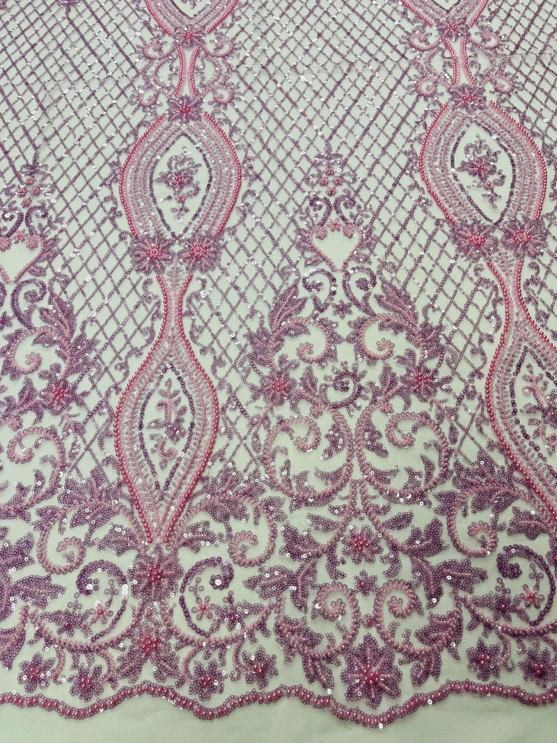 Elegant Damask Beaded Fabric - Lilac - Embroidered Floral Damask Net Fabric Sold By Yard