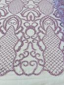 Fashion Design Bead Damask Fabric - Lilac  - Embroidered Elegant Design on Mesh Sold By The Yard