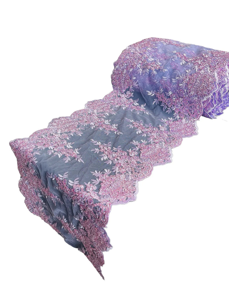 14" Flowers Design Metallic Lace Table Runner - Lilac - Fancy Table Runner for Event Decoration (Pick Color)