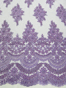 Flower Cluster Beaded Fabric - Lilac - Embroidered Beaded Layered Border Fabric Sold By Yard