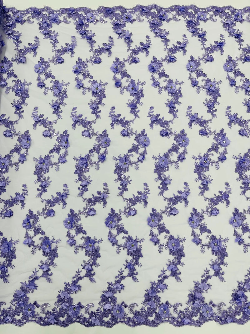 3D Flower Sequin Cluster Design - Lilac - Sequins Embroidered Floral Design on Tulle Sold By Yard