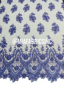 Floral Cluster Beaded Fabric - Lilac - Embroidered Fancy Fashion Design Beads and Sequins Sold by yard