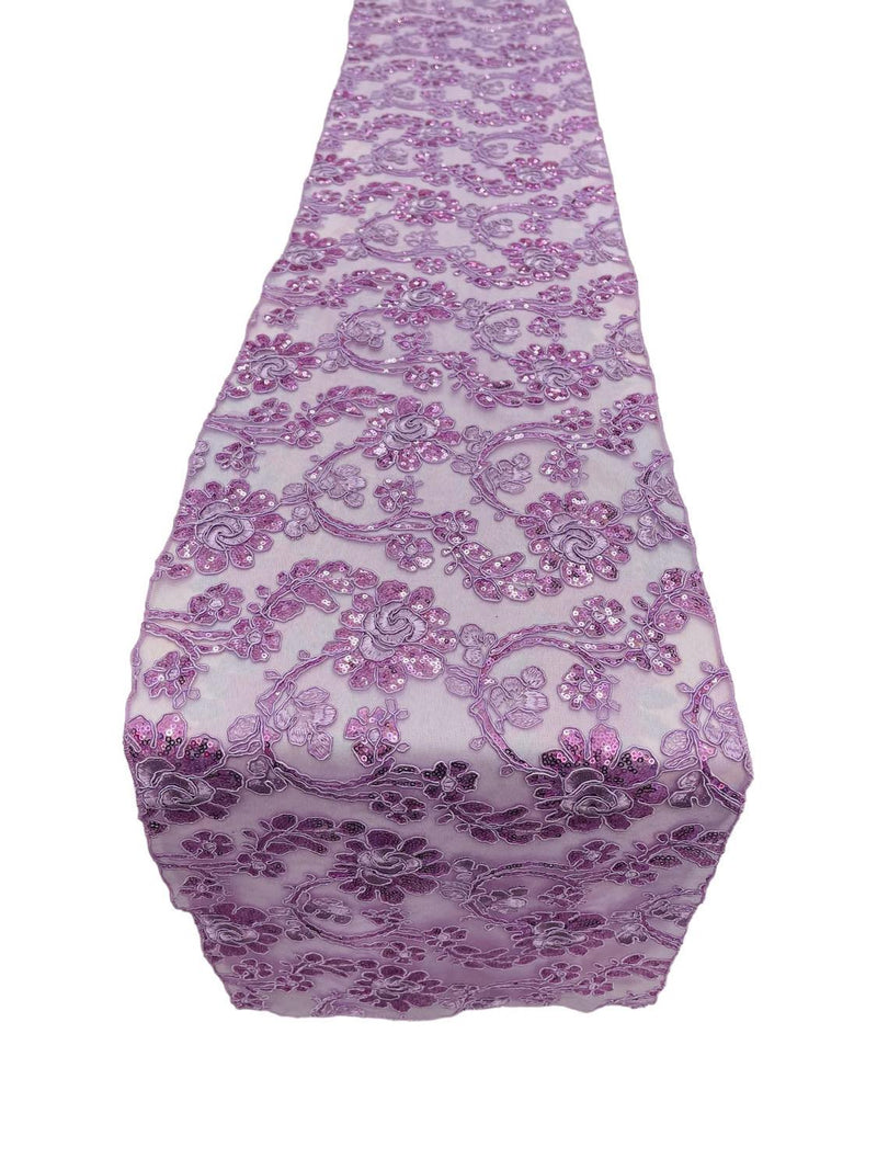 Floral Lace Table Runner - Lilac - 12" x 90" Sequins Floral Lace Table Runner
