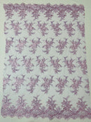 Plant Cluster Sequins Design - Lilac - Flower Sequins Embroidered Design on Tulle Sold By Yard