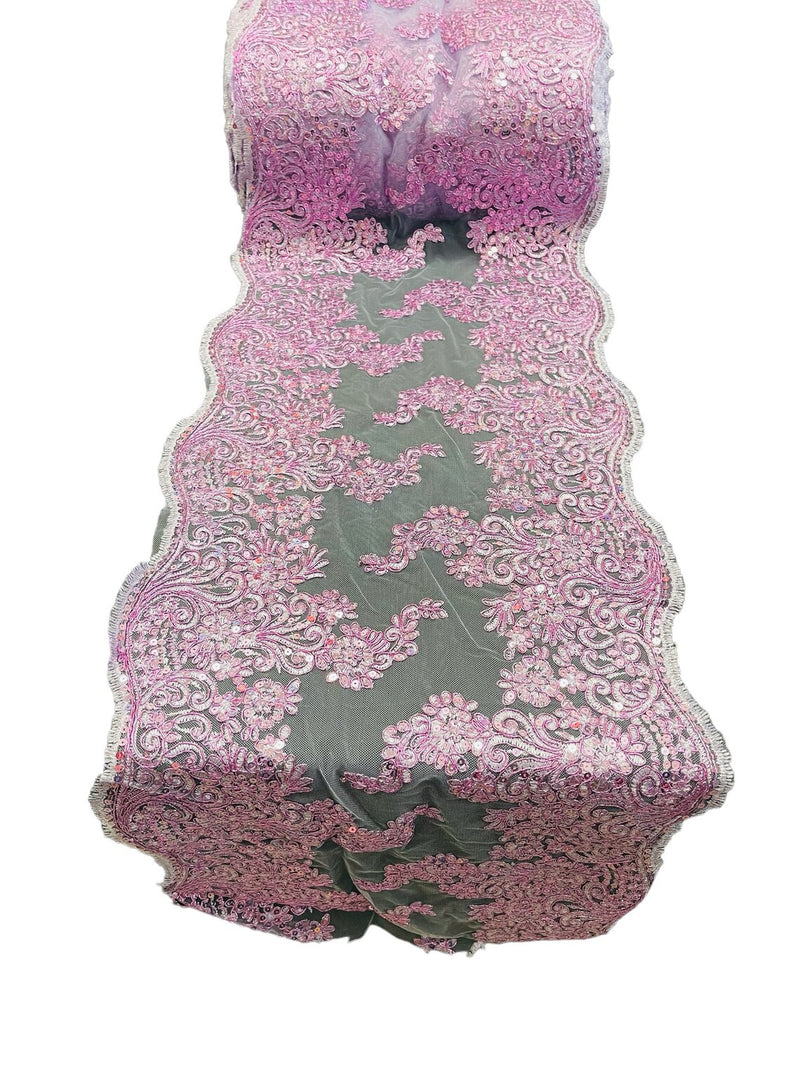 14" Metallic Floral Pattern Lace Table Runner -  Lilac - Floral Table Runner for Event Decoration