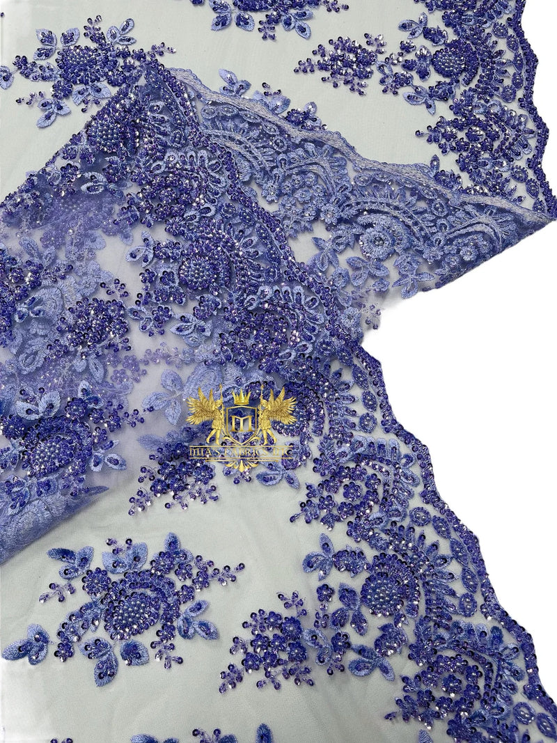 Beaded Flower Sequins Fabric - Lilac - Embroidery With Beads and Sequin on a Mesh Sold By Yard