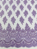 Flower Cluster Beaded Fabric - Lilac - Embroidered Beaded Layered Border Fabric Sold By Yard