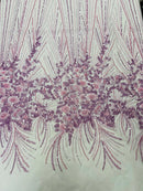 Flower Lines Fashion Design Fabric - Lilac - Embroidered Floral Beads and Sequins Sold By Yard
