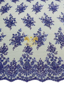 Beaded Flower Sequins Fabric - Lilac - Embroidery With Beads and Sequin on a Mesh Sold By Yard