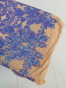 Damask Small Heart Design - Iridescent Lilac - Floral Heart Design Sequins on Mesh By Yard