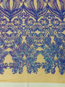 Damask Small Heart Design - Iridescent Lilac - Floral Heart Design Sequins on Mesh By Yard