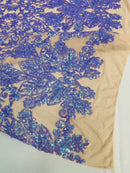 Damask Small Heart Design - Iridescent Lilac - Floral Heart Design Sequins on Mesh By Yard