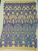 Damask Small Heart Design - Iridescent Lilac - Floral Heart Design Sequins on Mesh By Yard