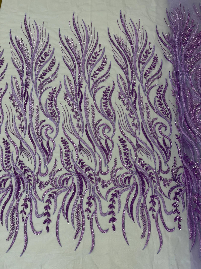 Sea Plant Beaded Fabric - Lilac - Beaded Embroidered Sea Plant Design Fabric by Yard
