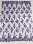 Floral Cluster Lace Fabric - Lilac - Embroidered Flowers With Sequins on a Mesh Lace Fabric Sold By Yard