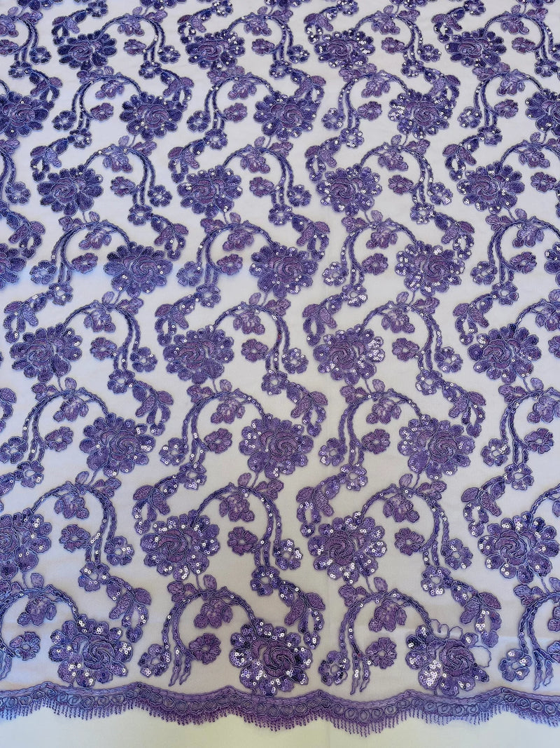 Floral Embroidered Lace - Lilac - Floral Corded Lace With Sequins Sold By Yard