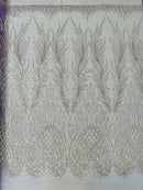 Beaded Embroidered Fabric - Lilac - Embroidered Heart and Feather Pattern Fabric Sold By Yard