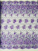 3D Triangle Floral Pearl Fabric - Lilac - 3D Embroidered Floral Design on Lace Mesh By Yard