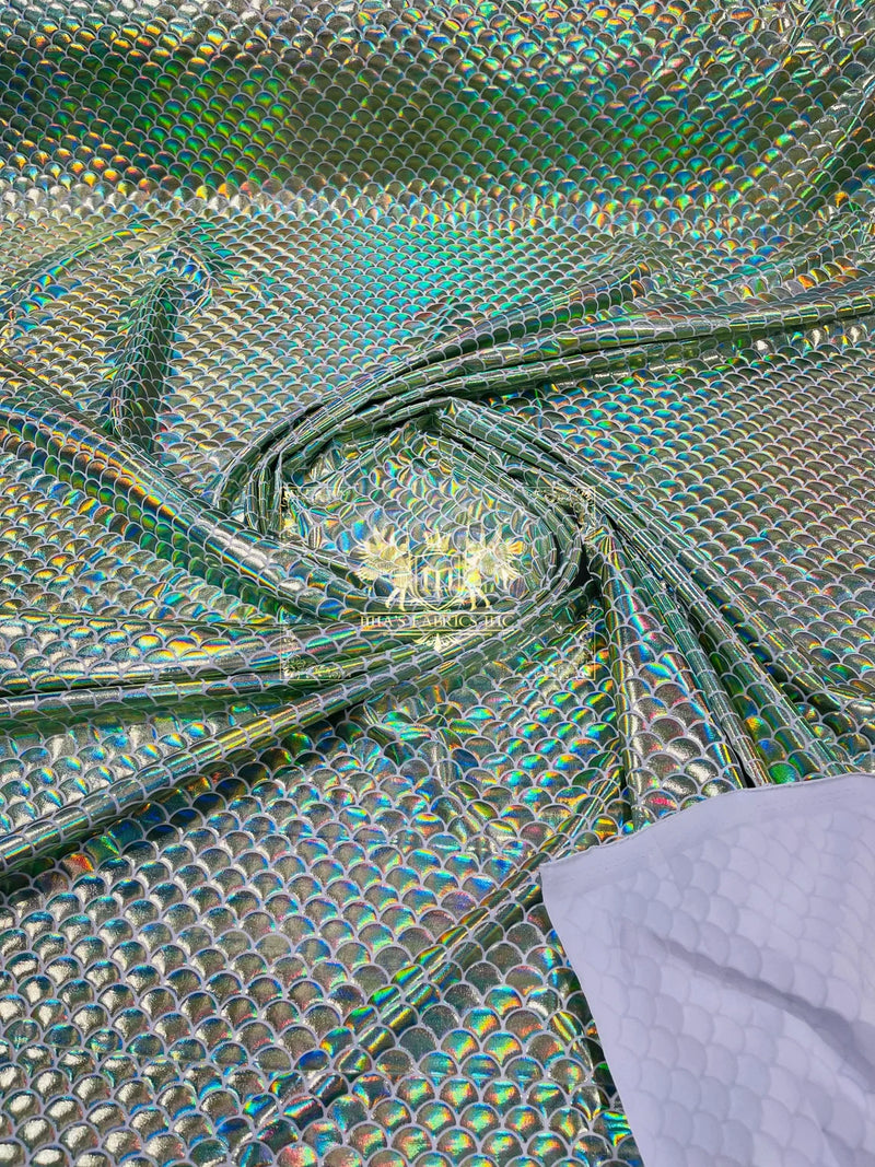 Mermaid Spandex Foil Fabric - Lime Green - Mermaid Design on Stretch Fabric By Yard