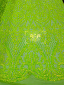 Heart Shape Sequins Fabric - Lime Green - 4 Way Stretch Sequins Damask Fabric By Yard