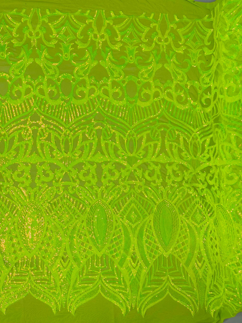 Iridescent Sequin Fabric - Iridescent Lime Green - 4 Way Stretch Royalty Lace Sequin By Yard