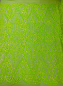 Heart Shape Sequins Fabric - Lime Green - 4 Way Stretch Sequins Damask Fabric By Yard