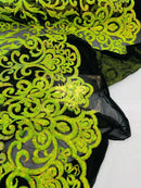 Damask Fancy Pattern Fabric - Lime Green on Black - 4 Way Stretch Sequins Prom Design By Yard