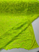 Heart Shape Sequins Fabric - Lime Green - 4 Way Stretch Sequins Damask Fabric By Yard