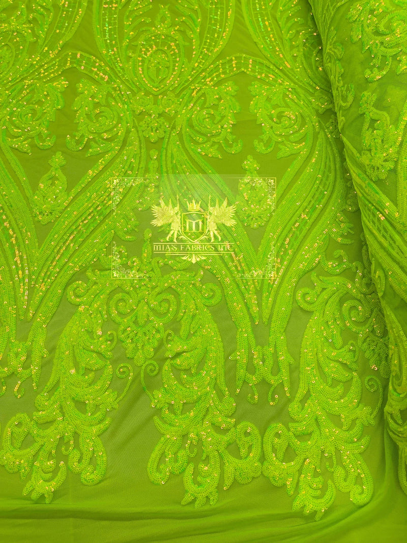 Big Damask Sequins - Lime Green - Damask Sequin Design on 4 Way Stretch Fabric By Yard